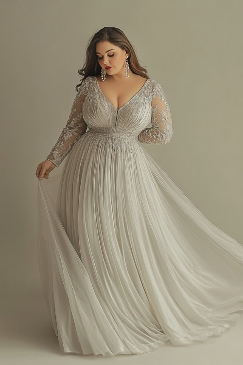 A plus-size woman wearing a shimmering silver A-line gown with a scalloped V-neckline and sheer lace sleeves, accessorized with pearl drop earrings