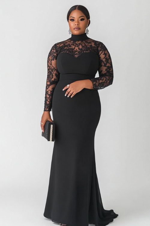 A plus-size woman wearing a sleek black floor-length gown with a high neckline, lace sleeves, and a fitted silhouette