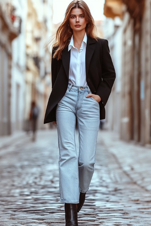 A polished look featuring a woman in a tailored black blazer over a white button-down shirt, paired with wide-leg light-wash jeans tucked into black pointed cowboy boots