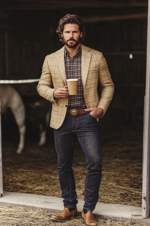 A polished outfit featuring a man in a fitted beige blazer layered over a tucked-in plaid shirt, paired with dark flared jeans that conceal the shaft of tan cowboy boots