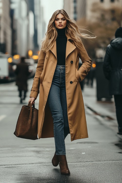 A polished urban-inspired outfit featuring a woman in a camel trench coat over a black turtleneck, with dark-wash straight-leg jeans subtly covering black cowboy boots