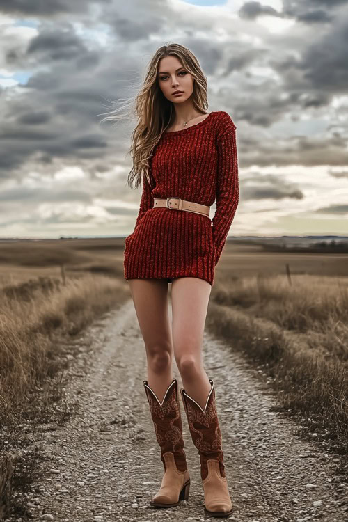 A red sweater dress with a textured pattern, cinched with a wide tan belt. Paired with knee-high tan cowboy boots with intricate cut-out details