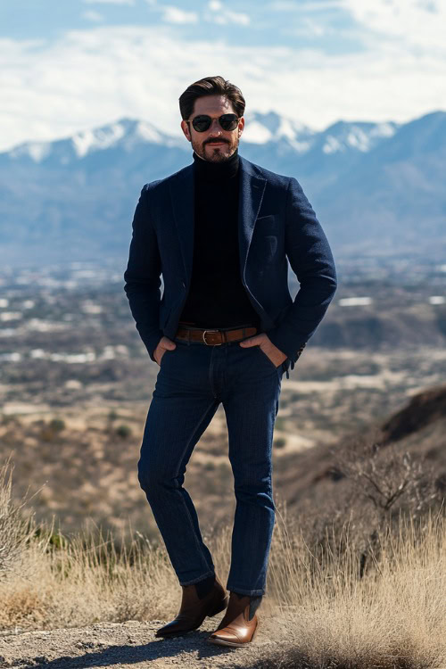 A refined man in a dark blue blazer over a black turtleneck, paired with mid-rise bootcut jeans that fully cover polished brown cowboy boots