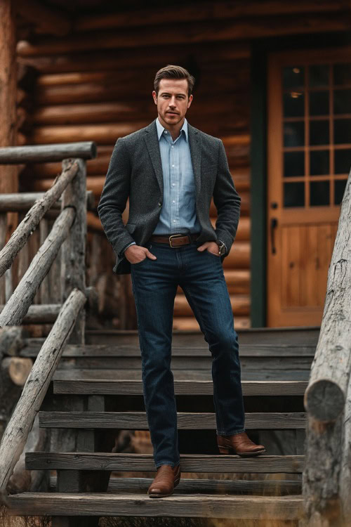 A refined yet rugged outfit featuring a man in a tailored charcoal blazer over a light-blue shirt, paired with dark bootcut jeans covering classic brown cowboy boots (2)