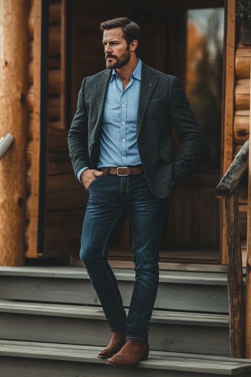 A refined yet rugged outfit featuring a man in a tailored charcoal blazer over a light-blue shirt, paired with dark bootcut jeans covering classic brown cowboy boots