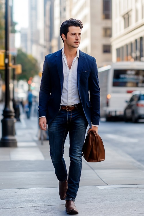 A sleek Western look featuring a man in a tailored navy blazer over a tucked-in white shirt, with mid-rise flared jeans covering black cowboy boots (2)