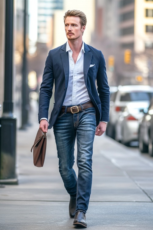 A sleek Western look featuring a man in a tailored navy blazer over a tucked-in white shirt, with mid-rise flared jeans covering black cowboy boots