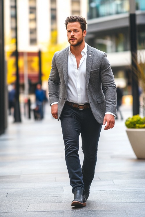 A sleek modern outfit featuring a man in a tailored gray blazer over a fitted white shirt, with straight-leg dark jeans completely covering classic black cowboy boots