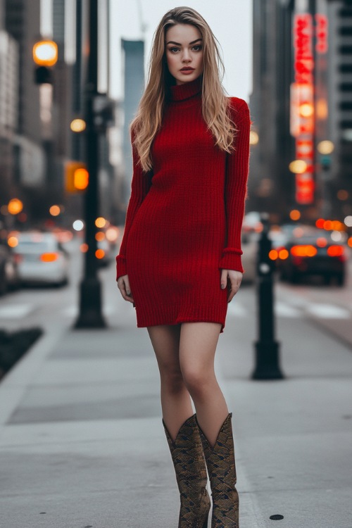 A sleek red sweater dress with a fitted silhouette and long sleeves, styled with snakeskin-patterned cowboy boots