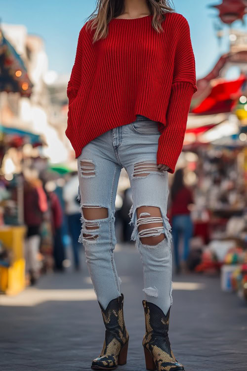 A slouchy red sweater worn off one shoulder, paired with ripped light-wash jeans and snakeskin cowboy boots