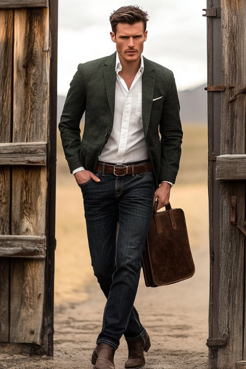 A smart Western look with a man in a dark green blazer over a crisp white shirt, paired with dark-wash straight-leg jeans completely concealing brown cowboy boots