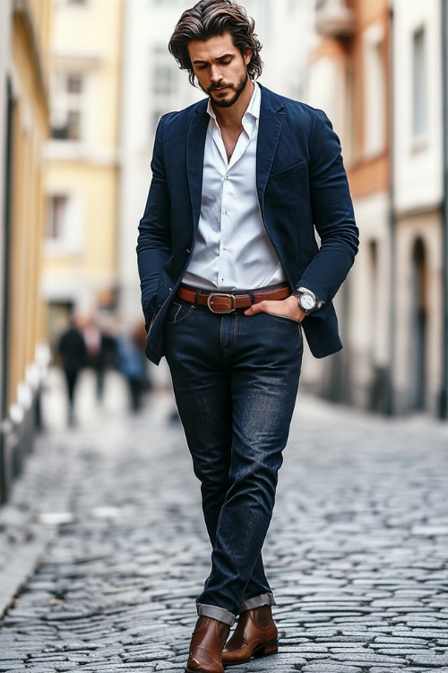 A sophisticated man wearing a navy blazer over a crisp white shirt, paired with dark-wash bootcut jeans that cover classic brown cowboy boots