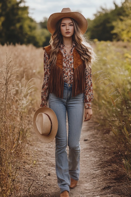 A stylish Western-inspired outfit featuring a woman in a fringed suede vest cover a boho printed blouse, paired with wide-leg light-wash jeans over tan cowboy boots