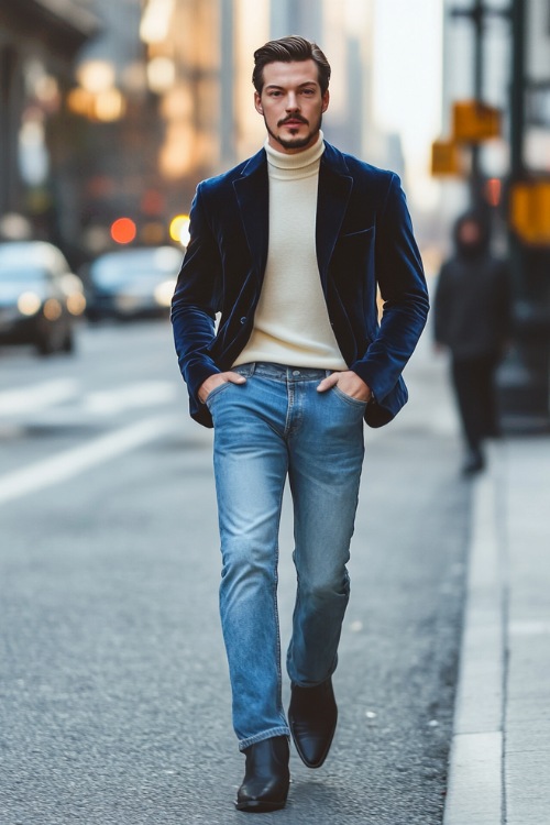 A stylish man in a navy velvet blazer layered over a cream turtleneck, with light-wash flared jeans covering the shaft of black cowboy boots (3)