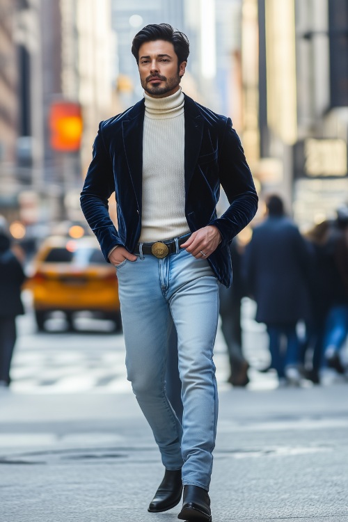 A stylish man in a navy velvet blazer layered over a cream turtleneck, with light-wash flared jeans covering the shaft of black cowboy boots