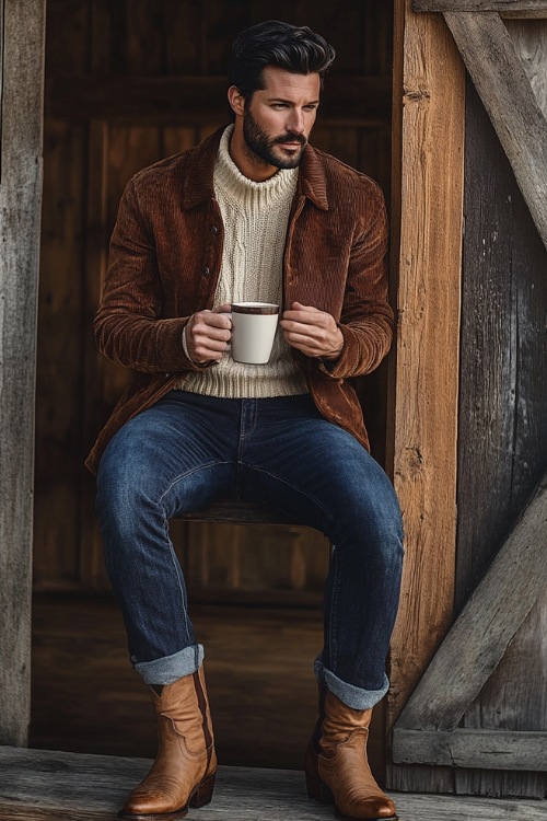 A stylish man in a tan corduroy jacket layered over a beige knit sweater, paired with high-rise loose-fit dark-wash jeans covering polished brown cowboy boots