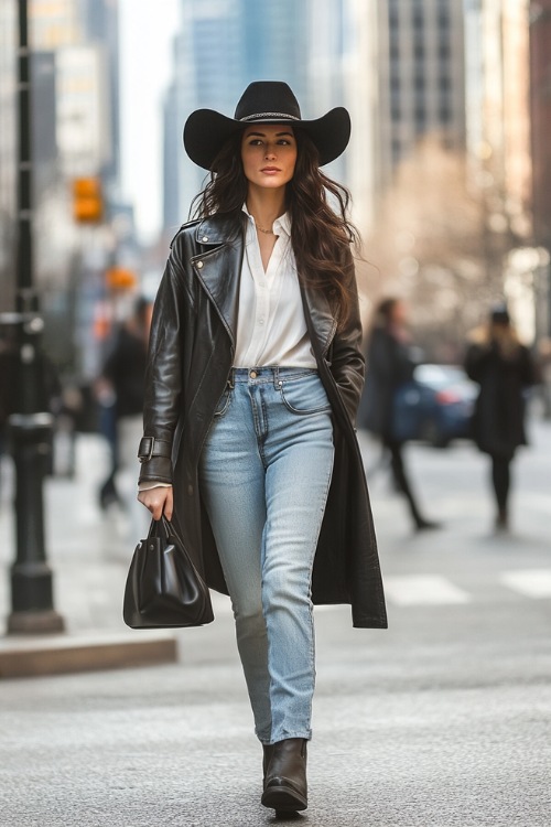 A stylish urban-inspired Western outfit featuring a woman in a leather trench coat over a tucked-in white blouse, with light-wash bootcut jeans tucked over sleek black cowboy boots