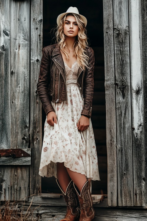 A stylish woman in a cropped leather jacket, a boho maxi dress, and cowboy boots (2)