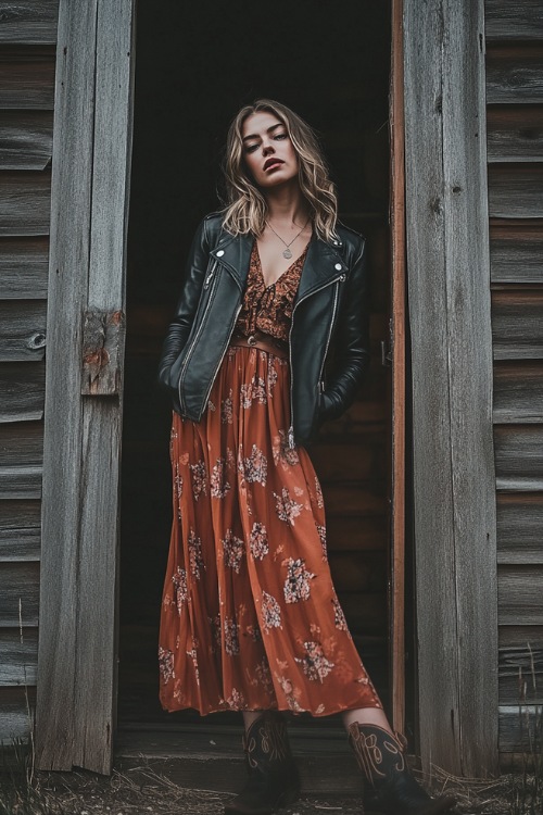 A stylish woman in a cropped leather jacket, a boho maxi dress, and cowboy boots