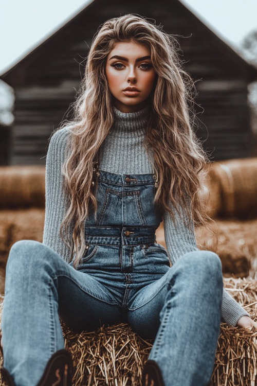 A stylish woman in a cropped sweater, denim overalls, and cowboy boots