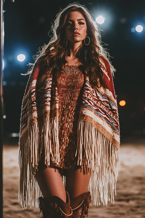 A stylish woman in a fringe poncho, a knit midi dress, and knee-high western boots