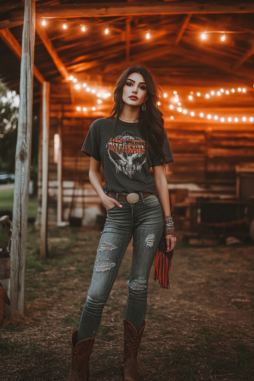 A stylish woman in a graphic tee, distressed skinny jeans, and ankle cowboy boots, accessorized with a fringed crossbody bag (2)