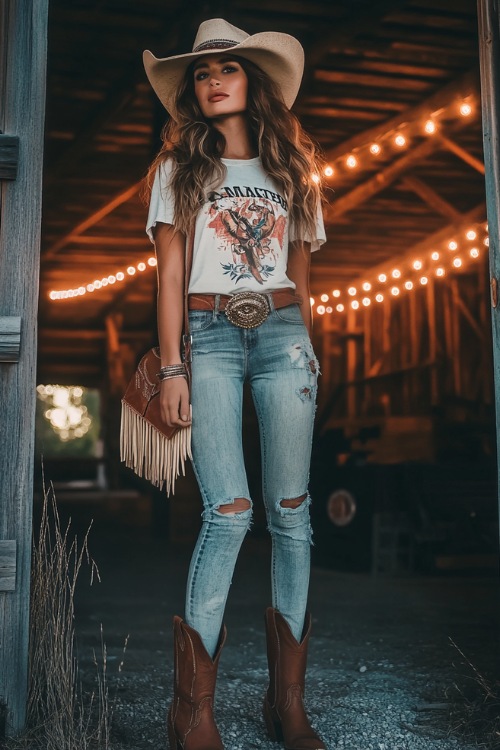 A stylish woman in a graphic tee, distressed skinny jeans, and ankle cowboy boots, accessorized with a fringed crossbody bag