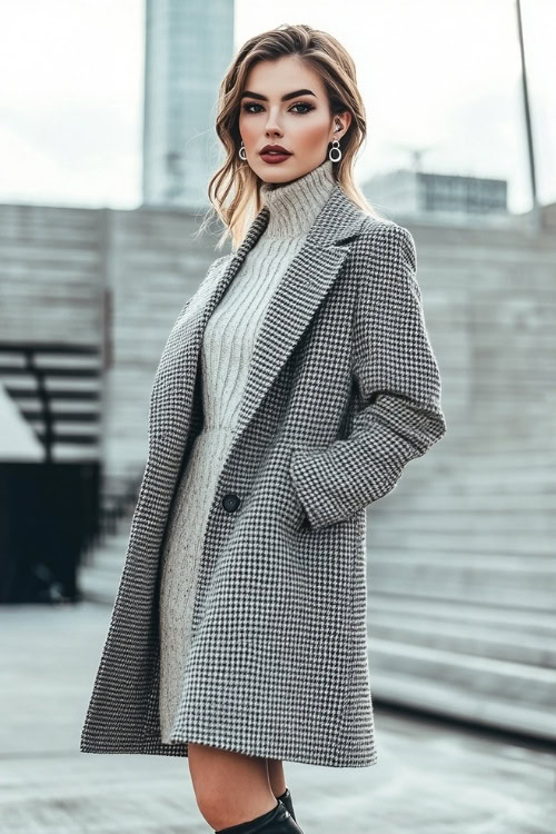 A stylish woman in a houndstooth coat, a high-neck knit dress, and ankle boots