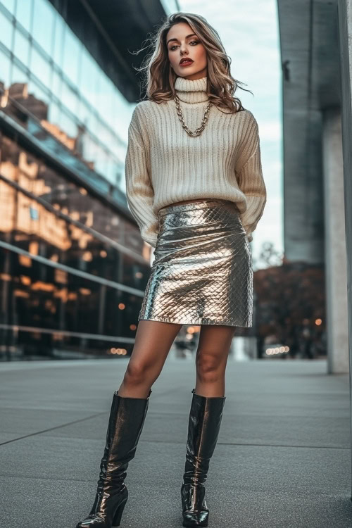 A stylish woman in a metallic midi skirt, a cropped knit sweater, and tall leather boots, accessorized with a chain necklace