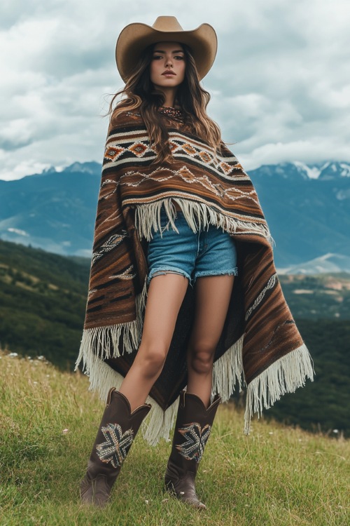 A stylish woman in a poncho, denim shorts, and embroidered cowboy boots