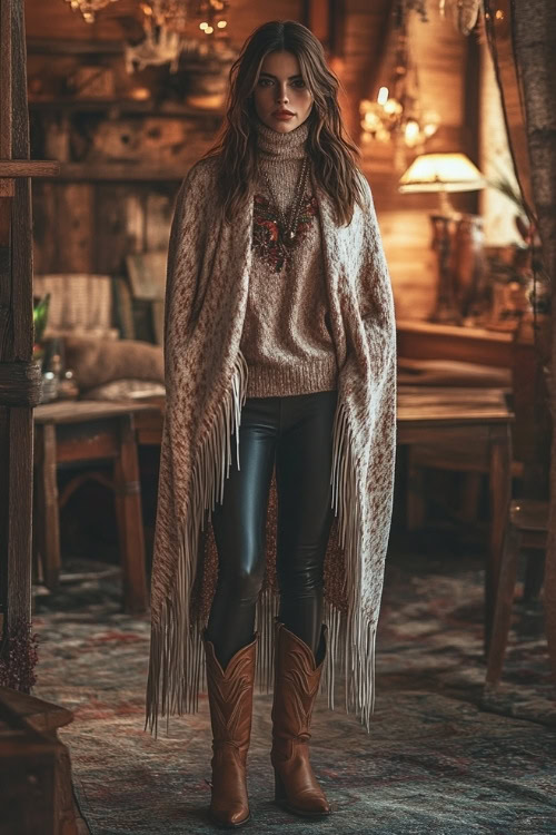 A stylish woman in a poncho with fringe detailing, a turtleneck sweater, faux leather leggings