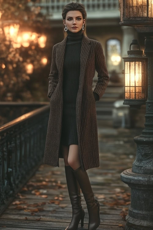 A stylish woman in a ribbed turtleneck dress, a long tailored coat, and tall leather boots