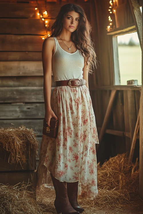 A stylish woman in a sleeveless tank top, a flowy floral skirt, and suede cowboy boots, accessorized with a leather belt and a small clutch