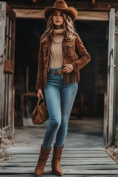 A stylish woman in a suede fringe jacket, a ribbed knit sweater, bootcut jeans, and brown western boots (2)