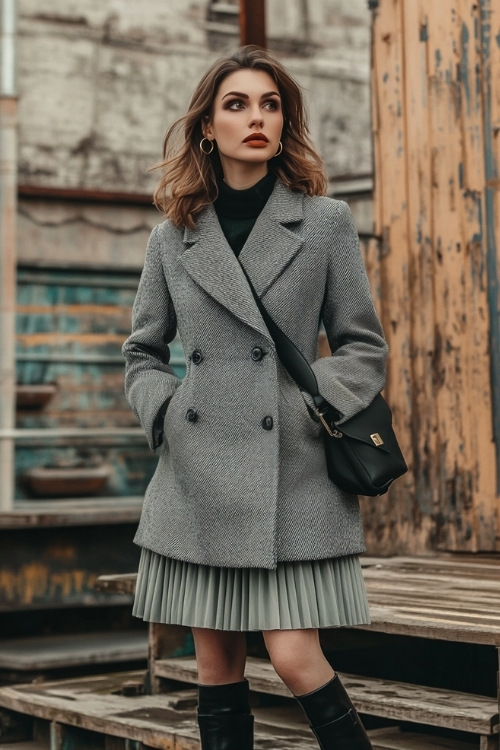 A stylish woman in a tailored wool coat, a midi pleated skirt, and ankle-strap boots, accessorized with hoop earrings and a shoulder bag