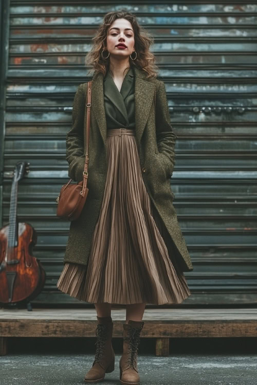 A stylish woman in a tailored wool coat, a midi pleated skirt, and ankle-strap boots