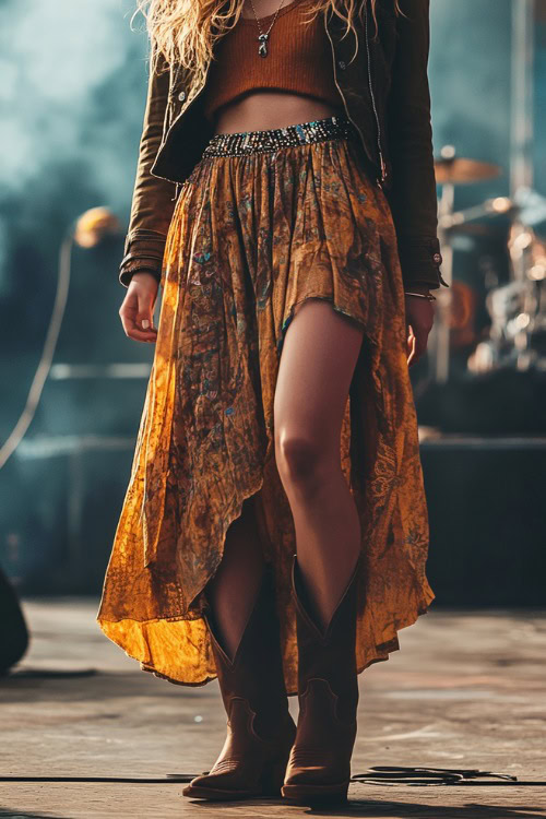 A stylish woman wearing a boho maxi skirt, a cropped jacket, and cowboy boots