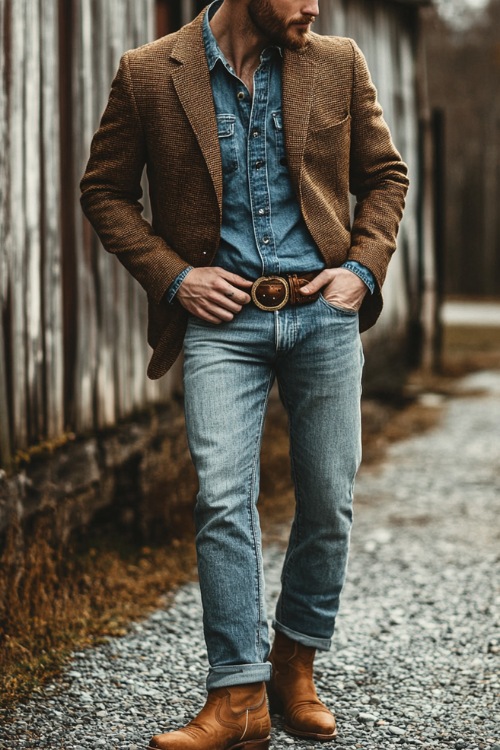 A trendy man wearing a brown tweed blazer over a denim button-down shirt, paired with high-rise light-wash jeans completely hiding the shaft of tan cowboy boots