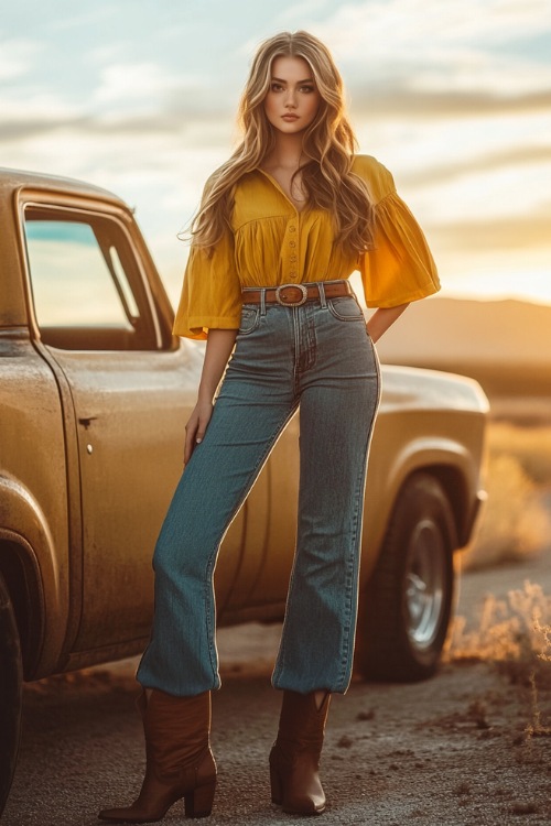 A trendy outfit featuring a woman in a mustard yellow blouse with puffed sleeves, tucked into medium-wash wide-leg jeans with brown cowboy boots peeking from underneath (2)