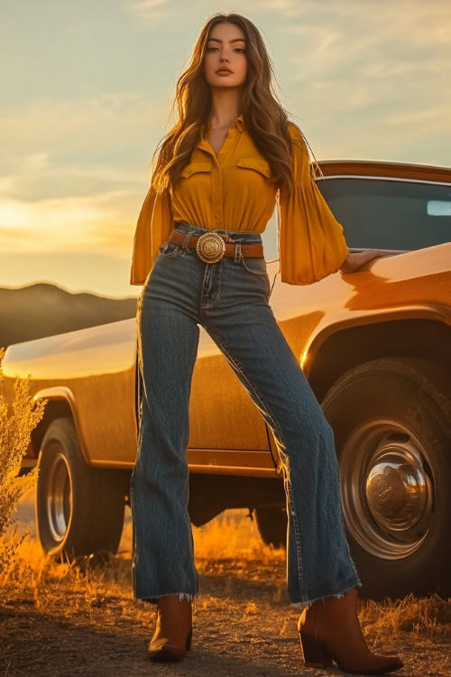 A trendy outfit featuring a woman in a mustard yellow blouse with puffed sleeves, tucked into medium-wash wide-leg jeans with brown cowboy boots peeking from underneath (2)