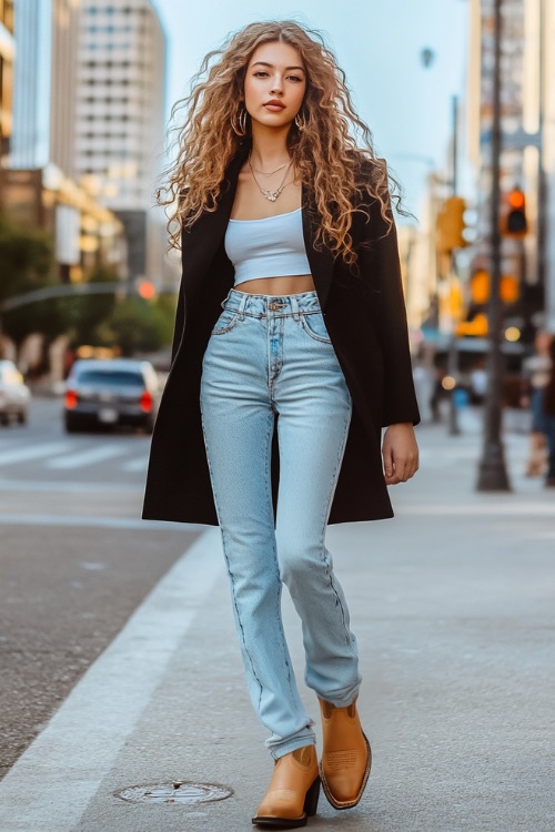 A trendy street-inspired Western outfit showcasing a woman in a cropped black blazer over a white tank top, with light-wash flared jeans over classic tan cowboy boots