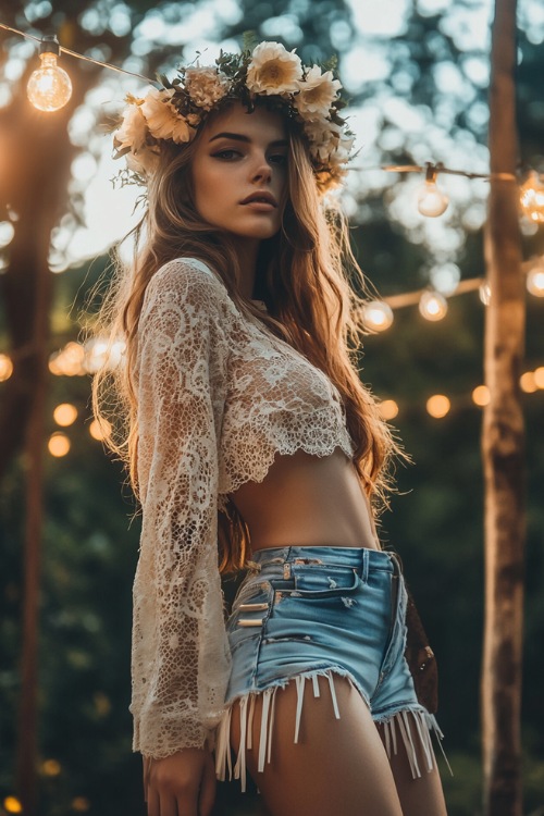 A woman dressed in a boho lace top, high-waisted denim shorts, and fringe boots