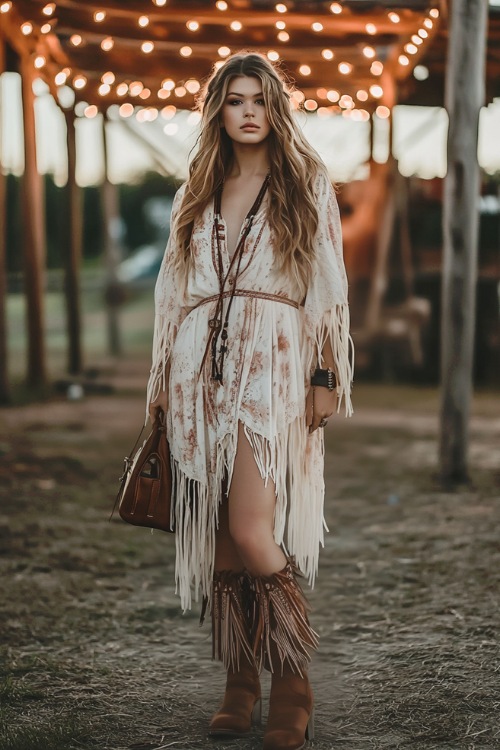 A woman dressed in a flowy boho dress with fringe accents, brown leather boots, and a crossbody bag