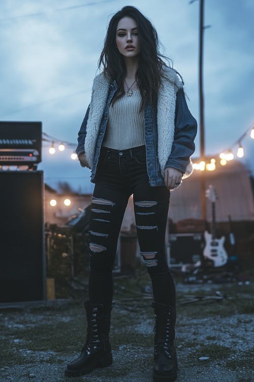 A woman dressed in a sherpa-lined denim jacket, a long-sleeve knit top, black skinny jeans, and lace-up boots