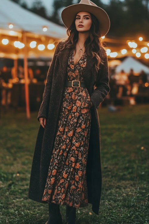 A woman in a belted wool coat, a floral maxi skirt, and western ankle boots 