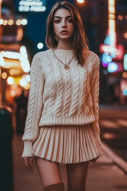 A woman in a chunky cable-knit sweater, a pleated mini skirt, and tall suede boots