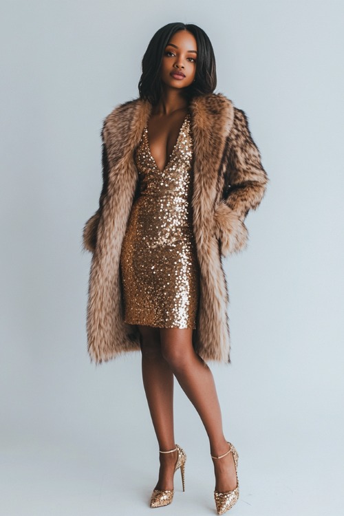 A woman in a fitted gold sequin midi dress styled with a taupe fur coat, standing confidently in a plain studio with clean, bright lighting