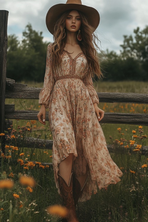 A woman in a flowing boho dress, a wide-brimmed hat, and cowboy boots