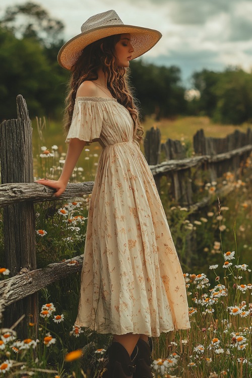 A woman in a flowing boho dress, a wide-brimmed hat, and cowboy boots