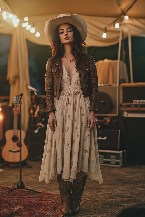 A woman in a flowy midi dress with subtle embroidery, a cropped leather jacket, and cowboy boots